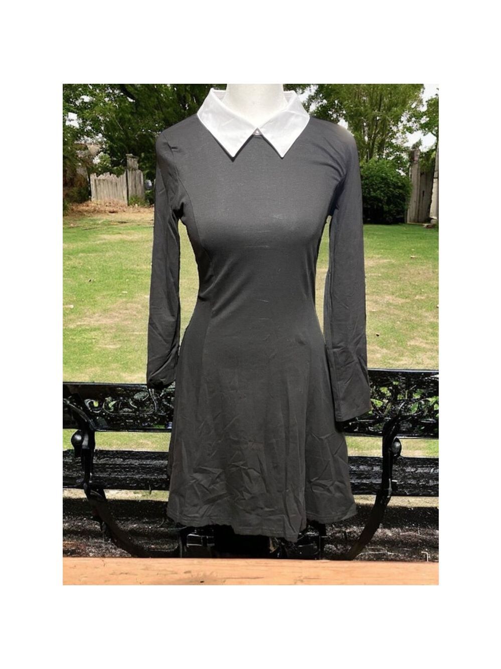 XS Wednesday Addams long sleeve black & white mini dress goth witchy Halloween